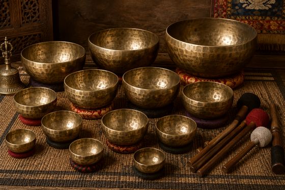 A row of Himalayan singing bowls with their mallets, laid out on a woven mat