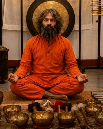 Portrait of Yogi Ashok Sharma Bhatta seated in meditation, a gong behind him