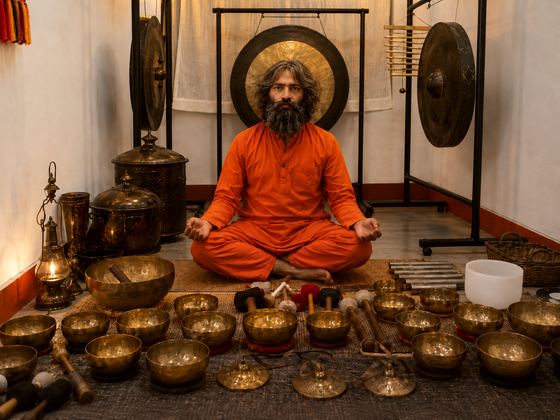 Yogi Ashok Sharma Bhatta seated in meditation before a gong, surrounded by Himalayan singing bowls laid out for a sound healing session