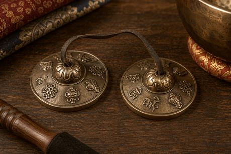 A pair of tingsha cymbals resting beside a singing bowl