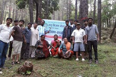 Volunteers gathered for the tree planting in a Bhaktapur wood